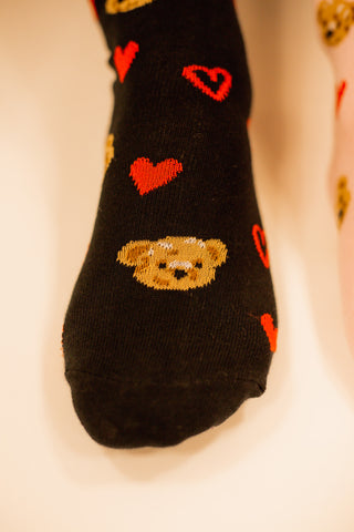 Adorable crew socks with teddy bear and heart design. Available in pink and black. 