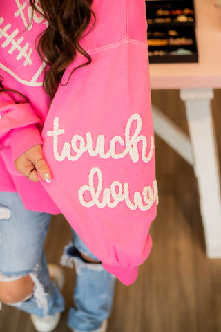 Pink game day sweatshirt, football graphic pullover, chenille patch sweatshirt, touchdown sweatshirt