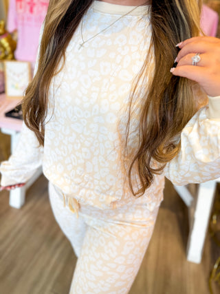 Cream Leopard matching set cozy and comfy. 