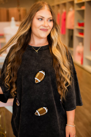 Football patch tee, black oversized football shirt, chenille football top, mineral wash game day tee, boutique football shirt, women’s game day 
