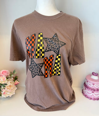 Checkered Mama Graphic Tee – Leopard Star Print | Trendy Mom Shirt