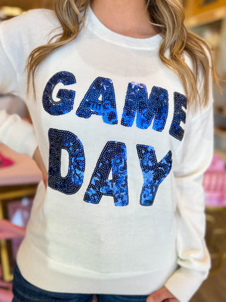 Lightweight white sweater with large sequin letters 