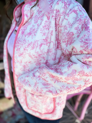 Gorgeous lightweight jacket with floral design and horses. Perfect for Ky girls. 