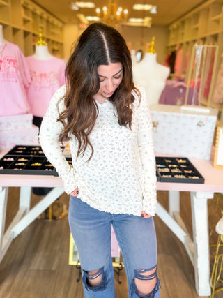 Sweet Meadow Long Sleeve Top in cream with dainty green and blue floral print, ribbed knit fabric, and lettuce-trim 