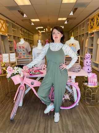 Spaghetti strap sage cotton jumper with jogger bottoms. 